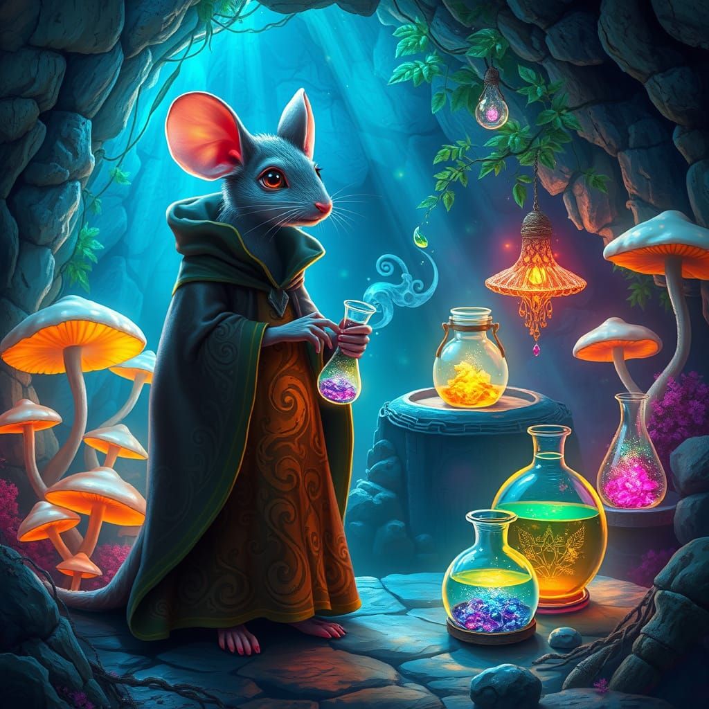 Surreal Mouse Alchemist in Bioluminescent Cavern, a Dreamlik...
