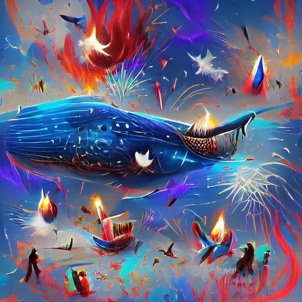 Blue Whales Dancing Through Fireworks: Maximalist Art