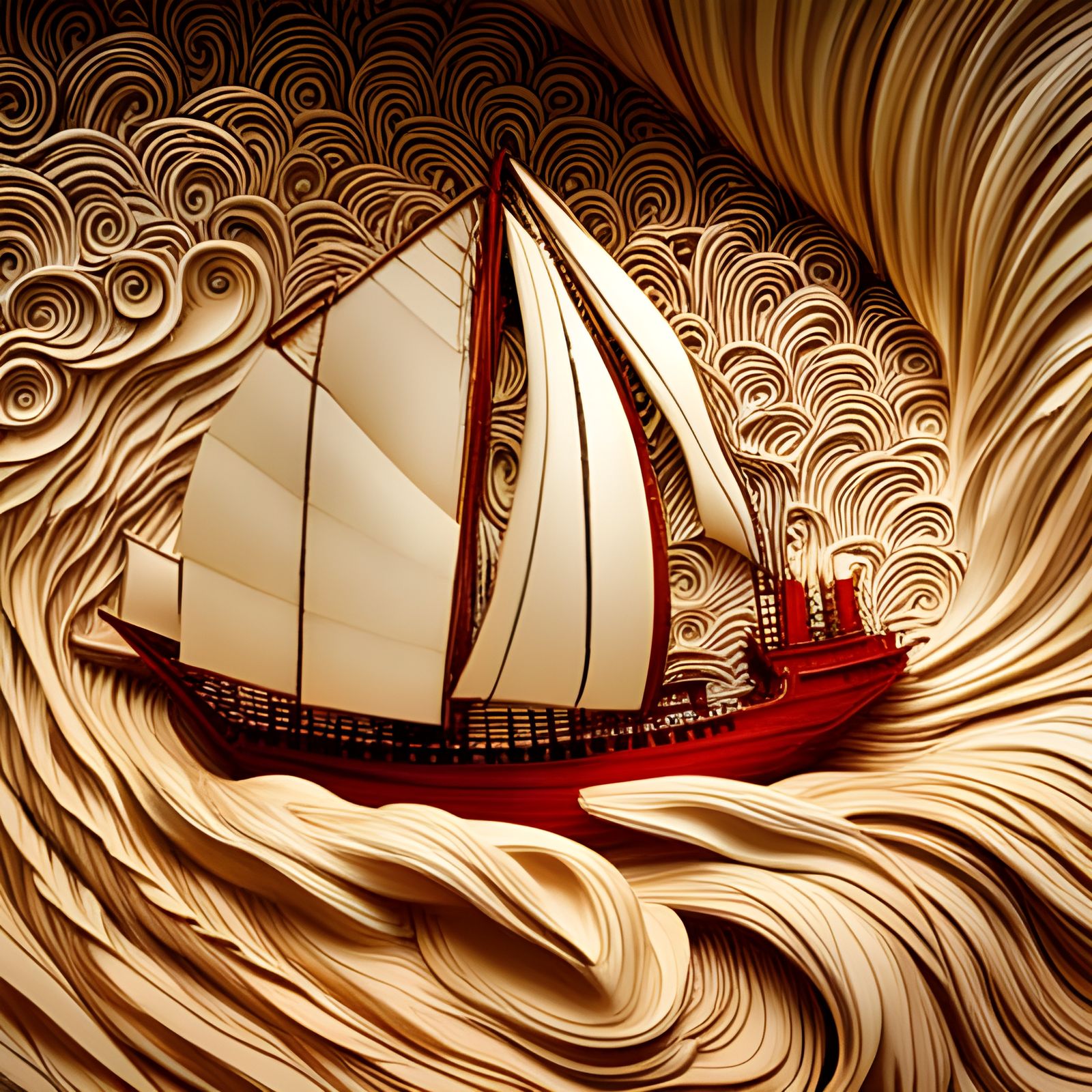 Miniature Chinese Junk on Swirling Sea, Hokusai Style