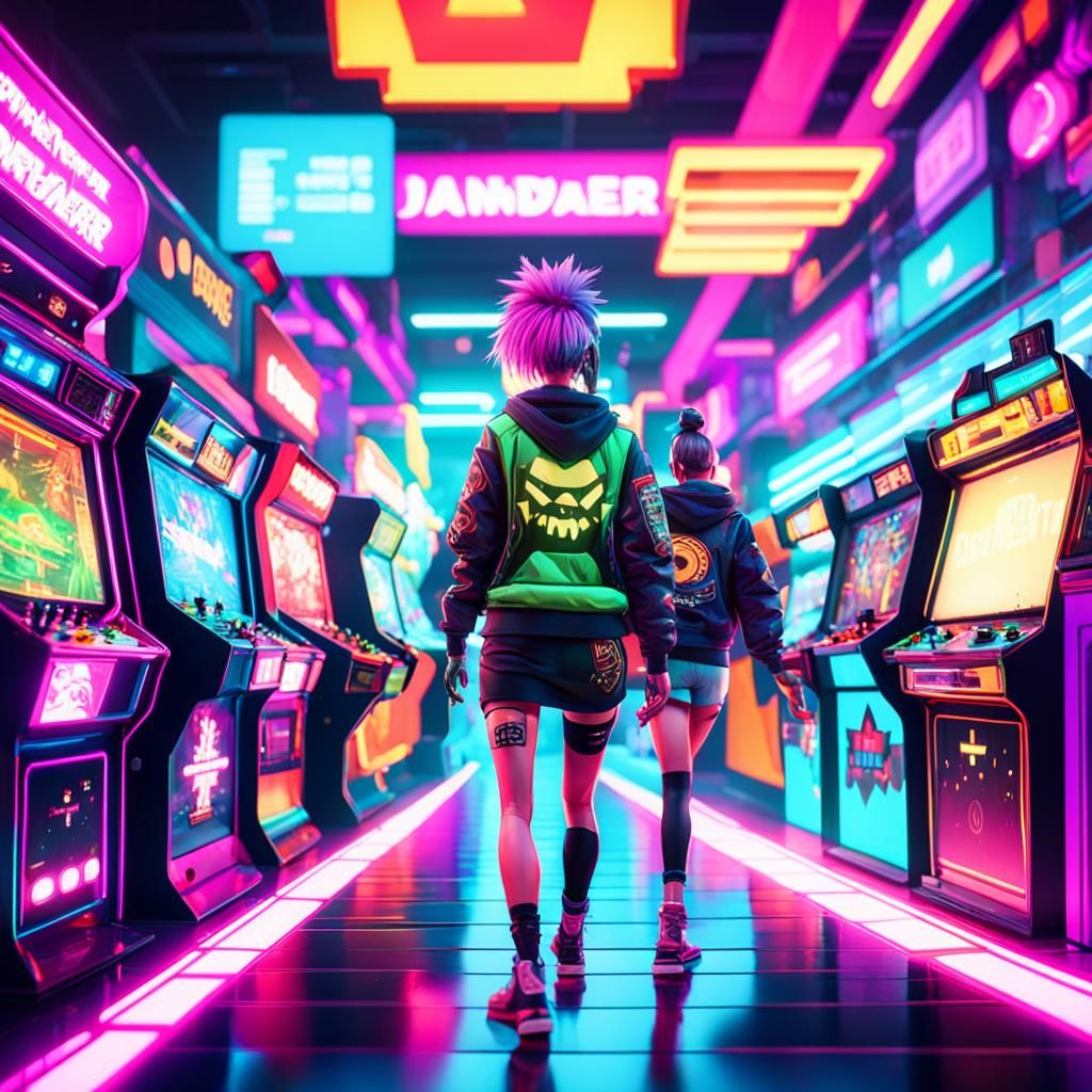 Punk Girls Play Space Invaders in Vibrant Arcade