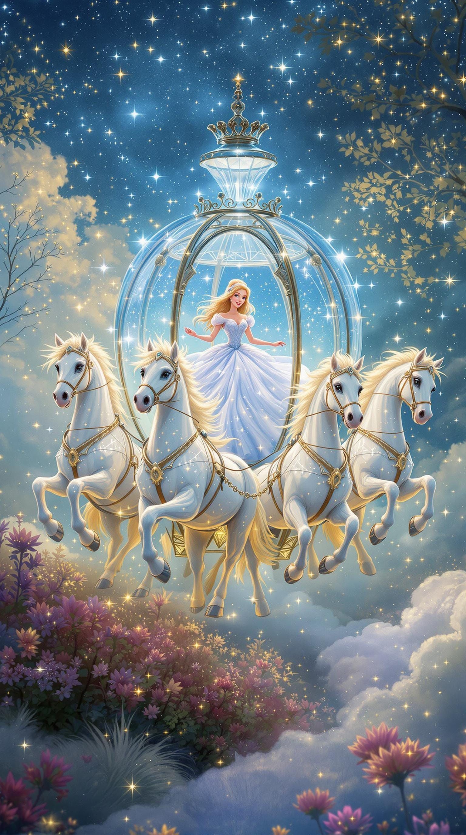 Whimsical Glass Carriage in a Dreamlike Landscape