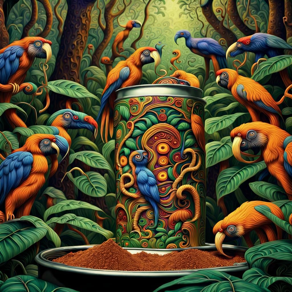 Surreal Jungle Emerges from Coffee Can, Art Nouveau
