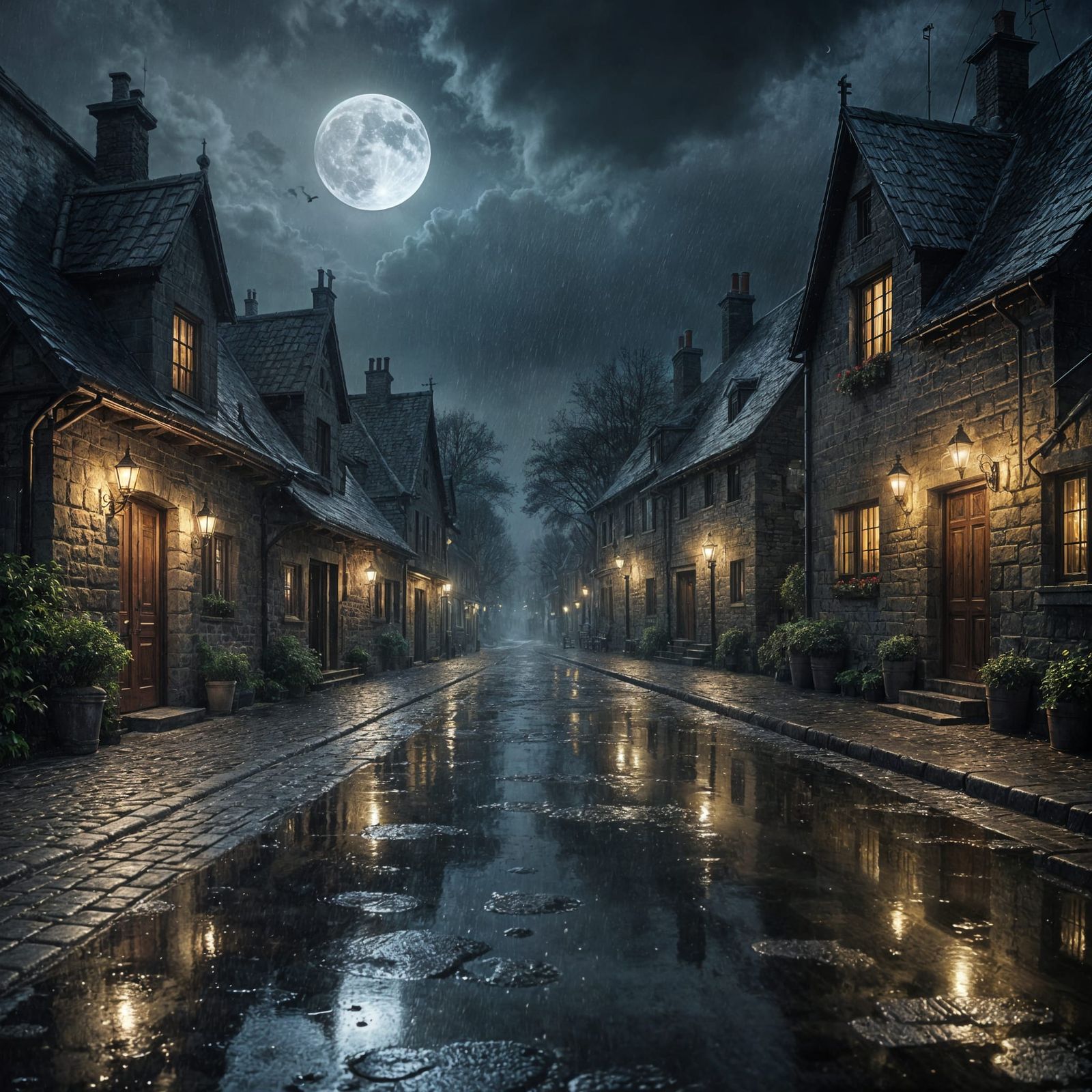 Rainy Village Streetlights on Wet Cobblestones