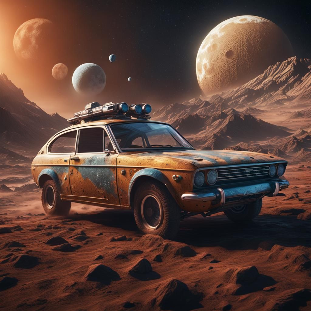 Car Flying on the Moon: Detailed Matte Painting