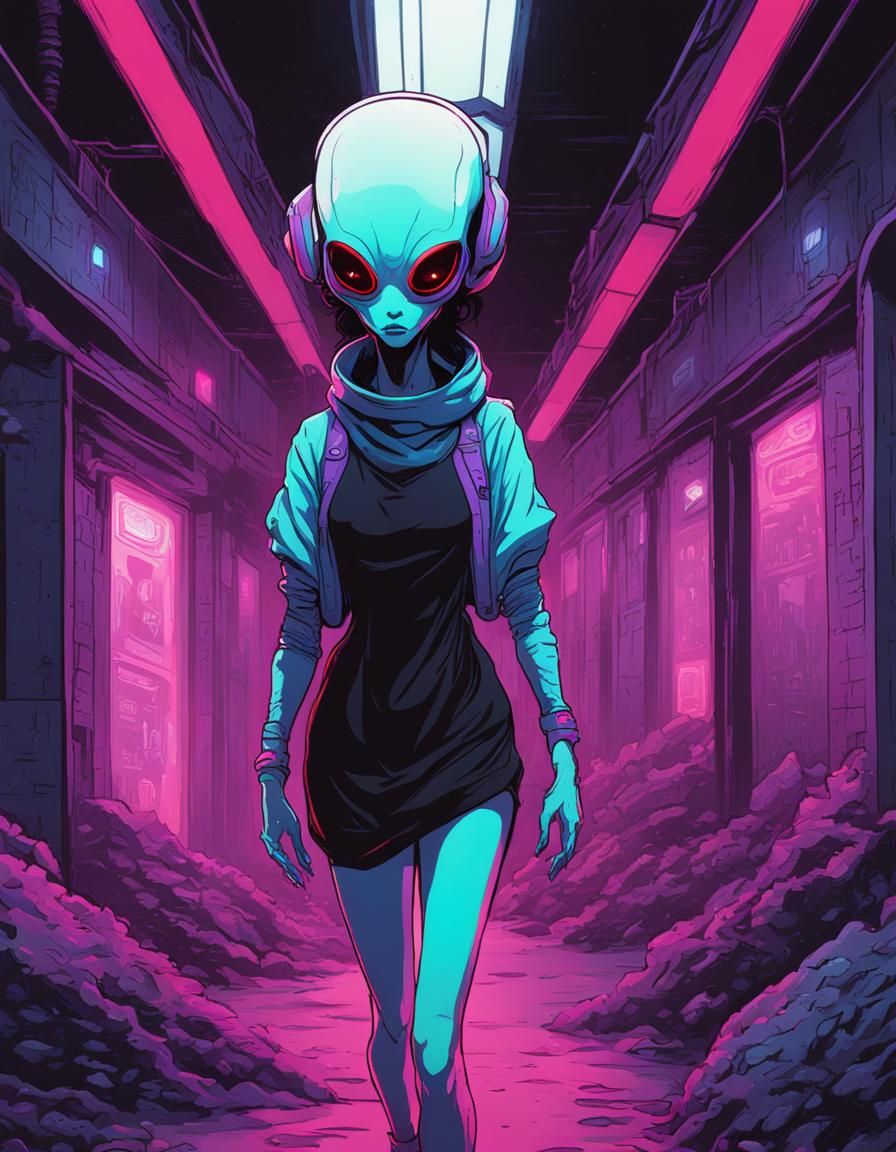 Alien Woman Guarding Nest in Lofi OVA Style