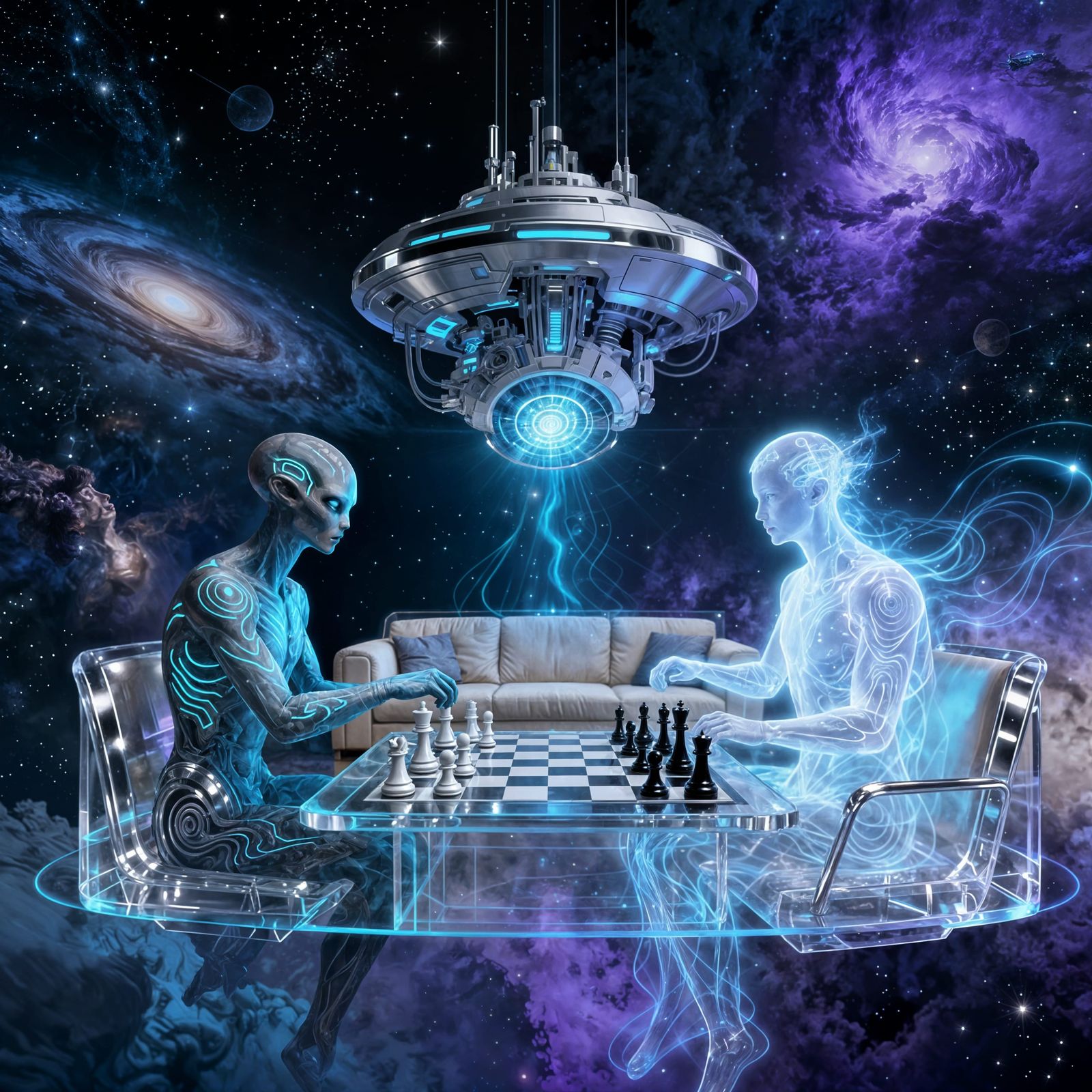 Alien vs Spirit in Space Living Room Chess Match