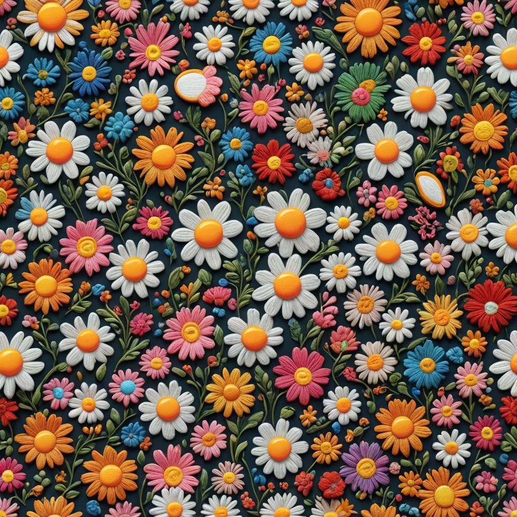 Vibrant 3D Embroidered Flower and Eggs Pattern