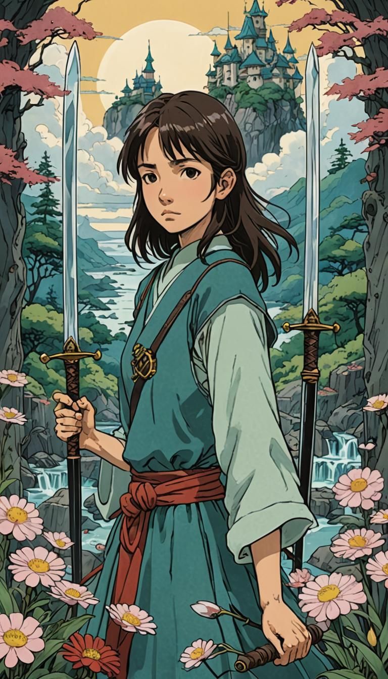 Two of Swords Tarot Card in Ghibli Style