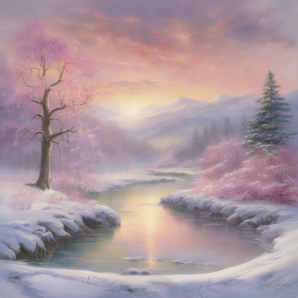 Ethereal Winter Landscape with Blooming Trees