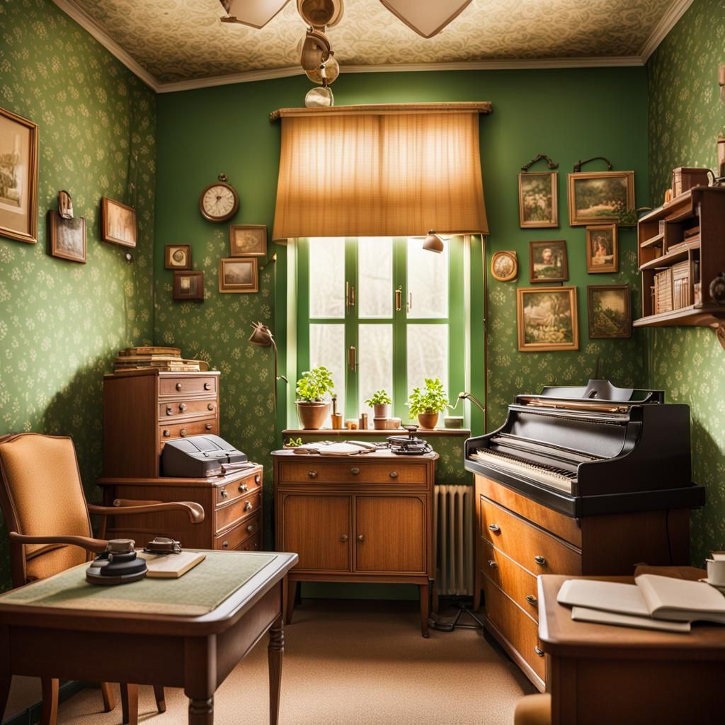 Vintage Working Room with Green Wallpaper in Retro Style