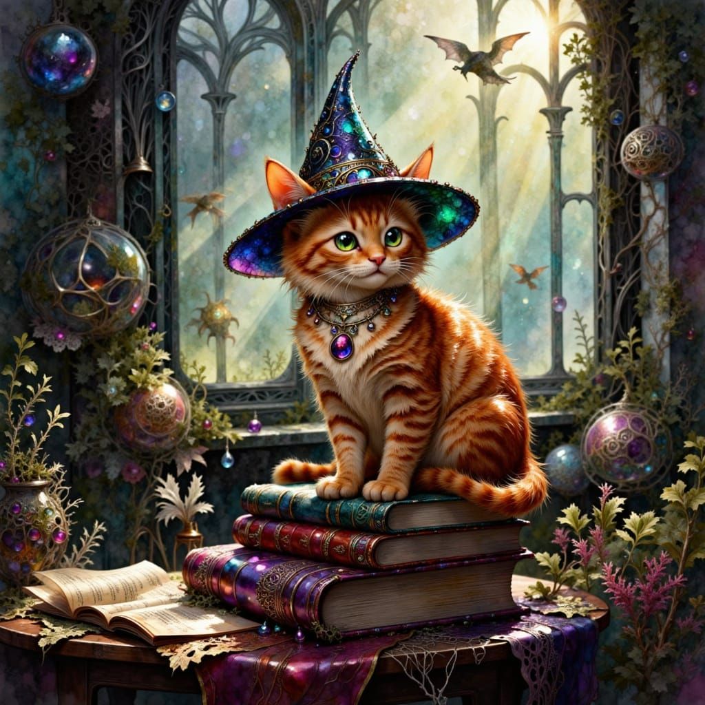 Ginger Cat in Celestial Hat on Spellbooks