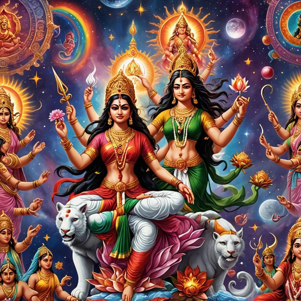 Hindu Goddesses Cosmic Dance in Detailed Digital Art