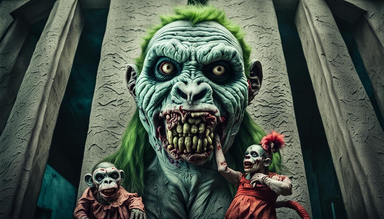 Zombie Monkey Clown Carving: Cinematic Film Still