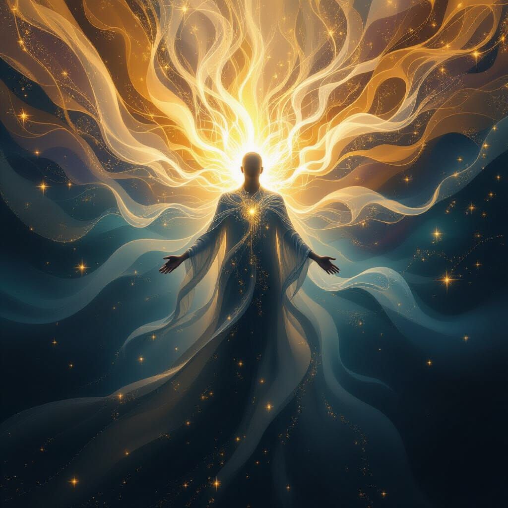 Ethereal Figure Becomes Cosmic Tapestry of Light and Memory