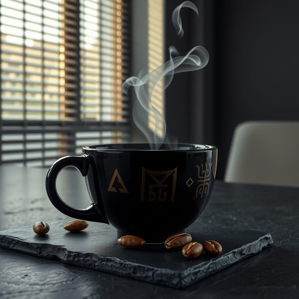 Futuristic Noir Coffee Cup with Ancient Symbols