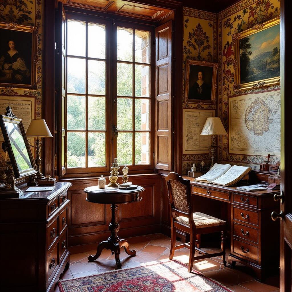 Baroque Interior Scene with Cosmetics and Maps