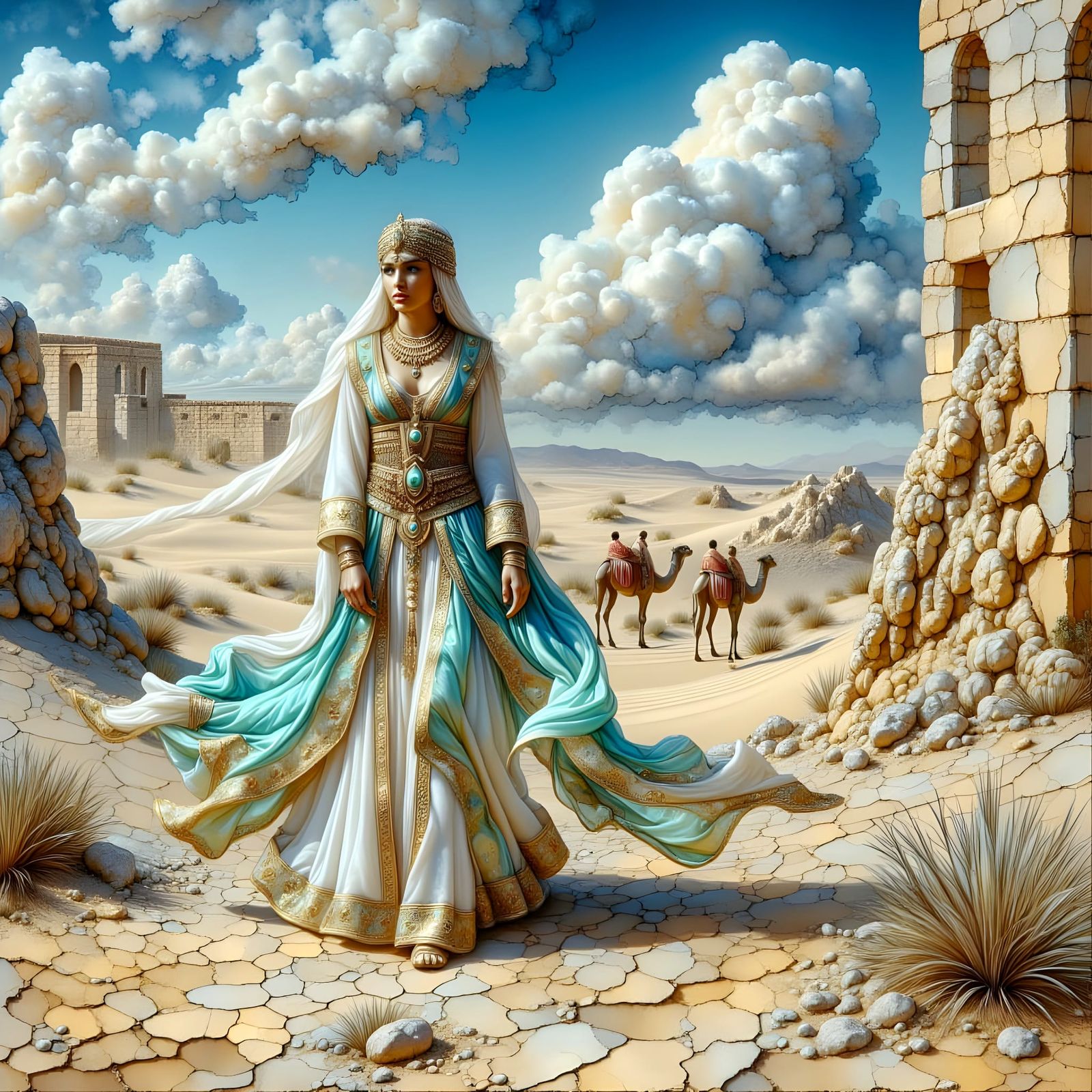 Arabian Princess in Windswept Desert Courtyard