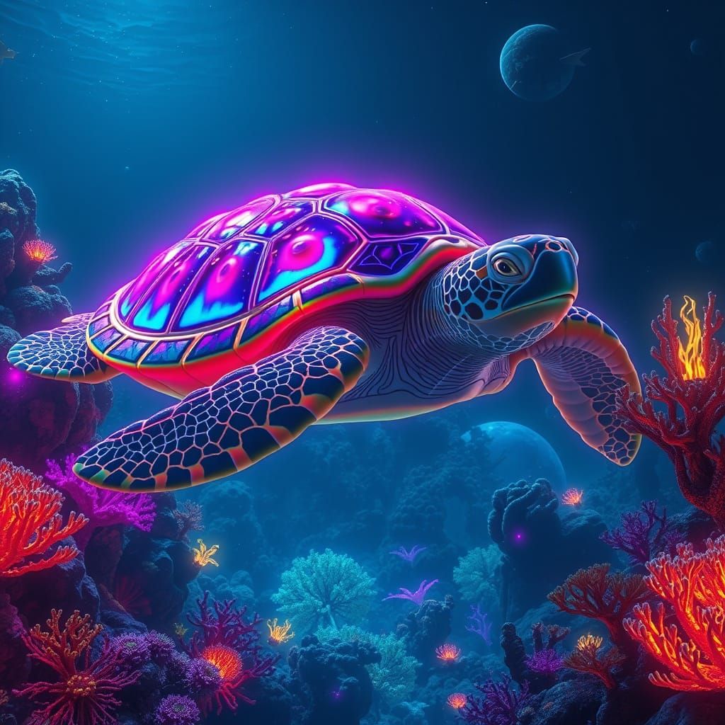 Bioluminescent Sea Turtle in Alien Coral Reef