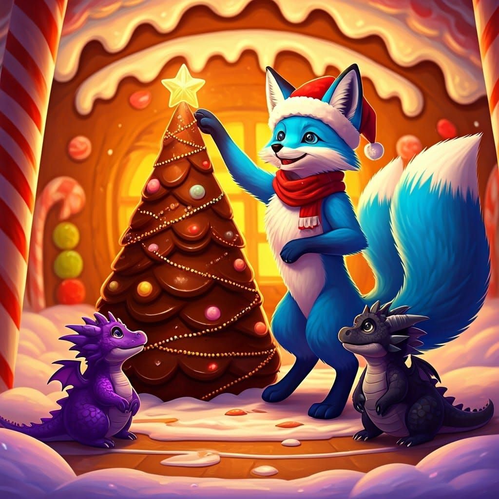 Vibrant Blue Fox in Whimsical Christmas Scene