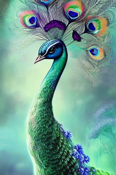 Iridescent Peacock and Crystalline Floral Bouquet