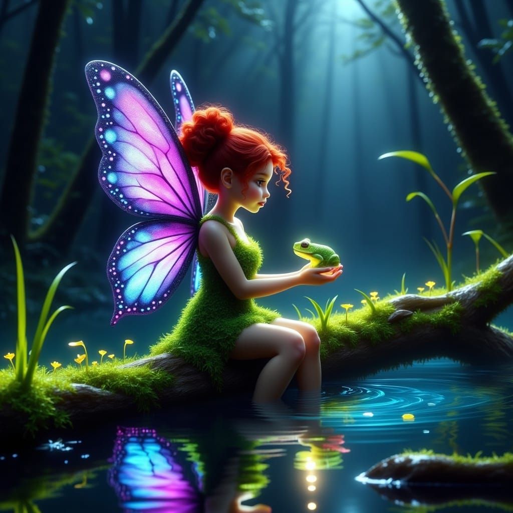 Enchanting Fairy with Frog in Bioluminescent Forest