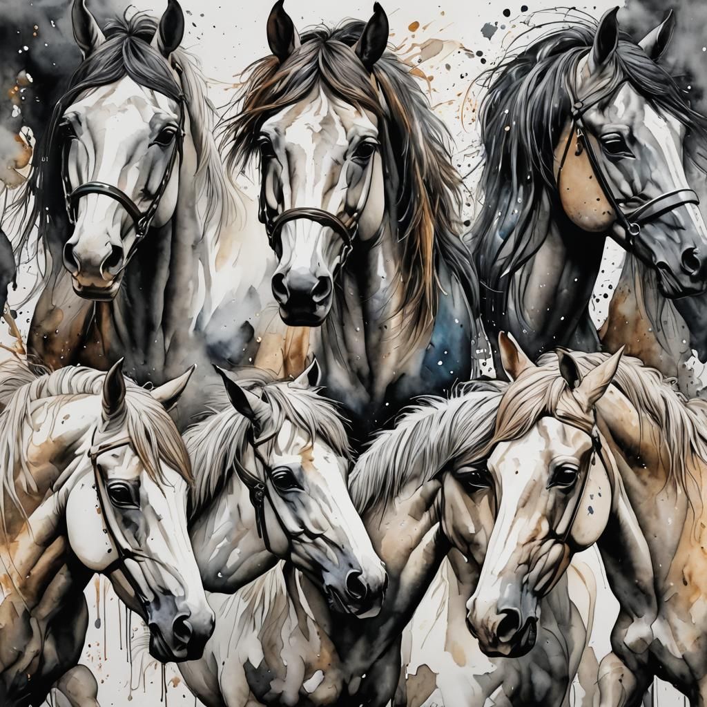 Colorful Horses in Autumn Meadow, Digital Watercolor Paintin...