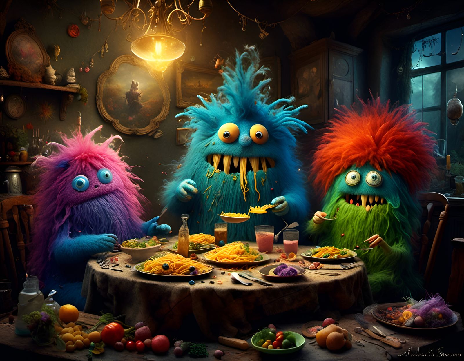 Cute Fluffy Monsters' Pasta Dinner by Jansson