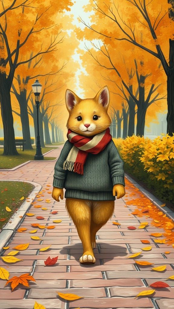 Yellow Cat's Autumn Walk in Impressionist Style