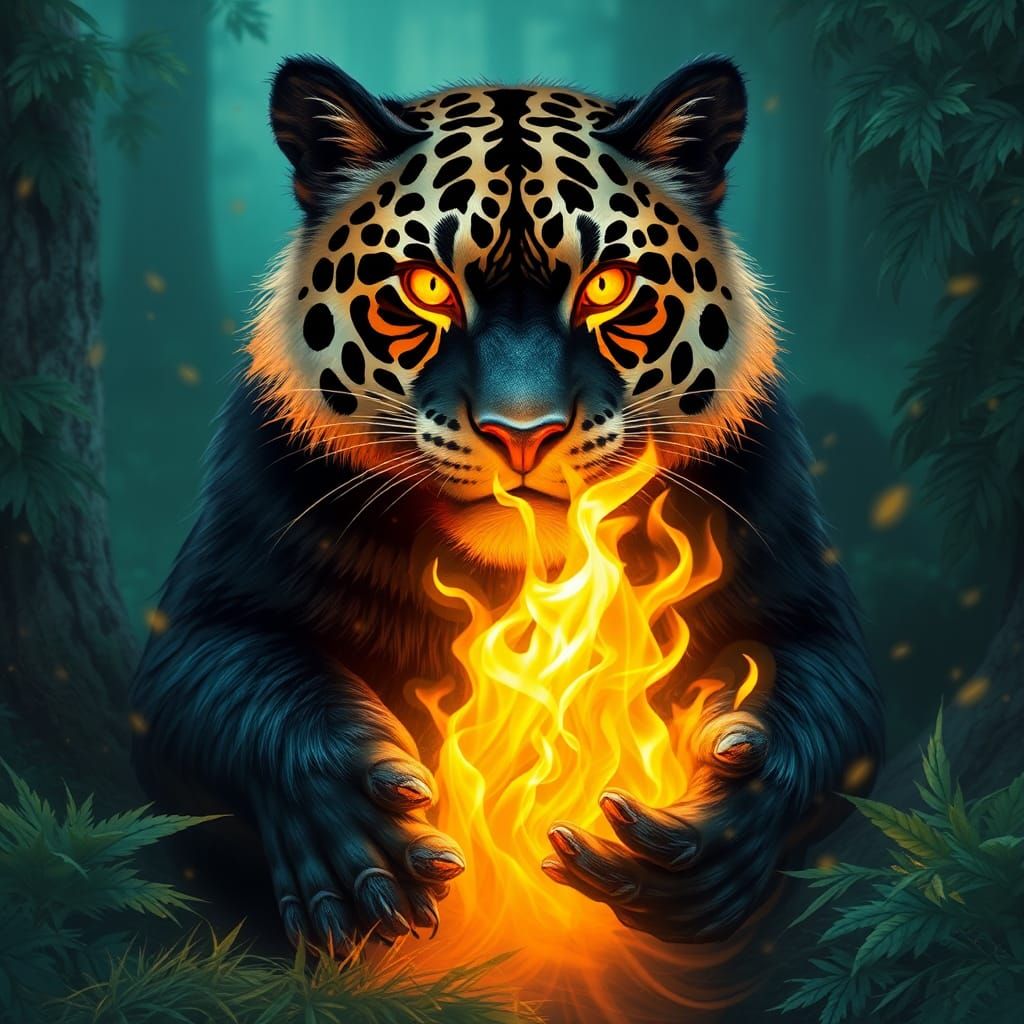 Hybrid Jaguar King with Golden Fire in Teal City