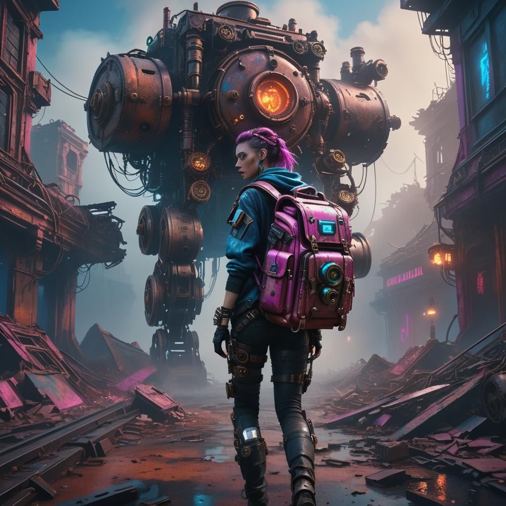 Cyberpunk Woman with Steampunk Backpack in Ruins