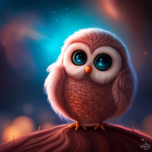 Cute Fluffy Owl in Galaxy of Knitted Yarn