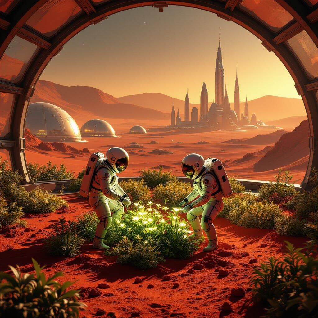 Astronaut Tends Alien Garden in Martian Biodome