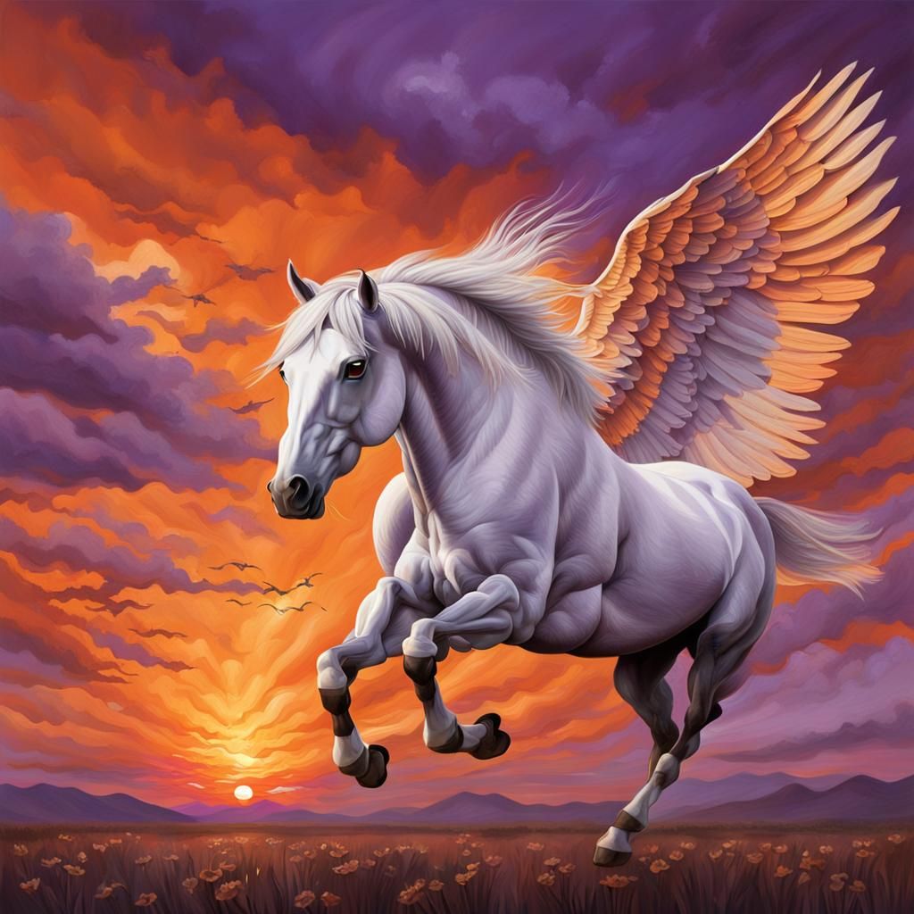 Winged White Horse Flies Into Dramatic Sunset