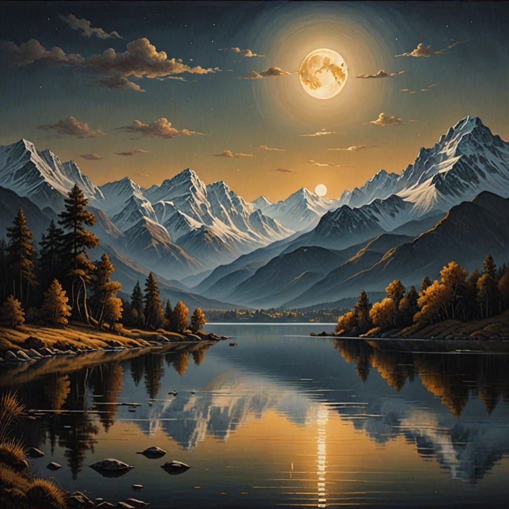 Moonlit Lake: Hyperrealistic Oil Painting with Mountains