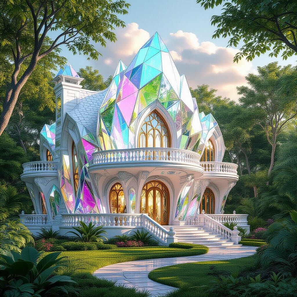 Crystal Gemstone House Amidst Lush Greenery