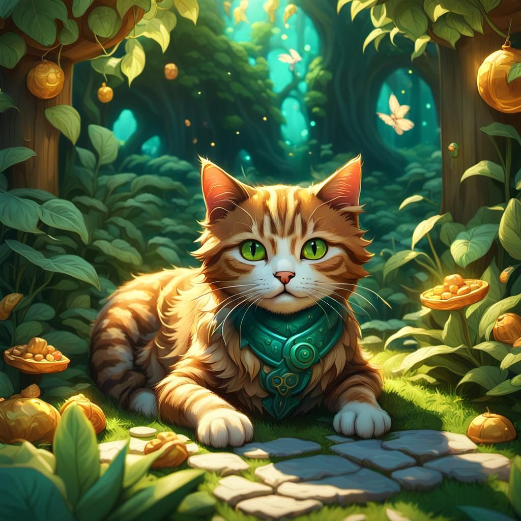 Brave Cat Lounges in Lush Fantasy Garden