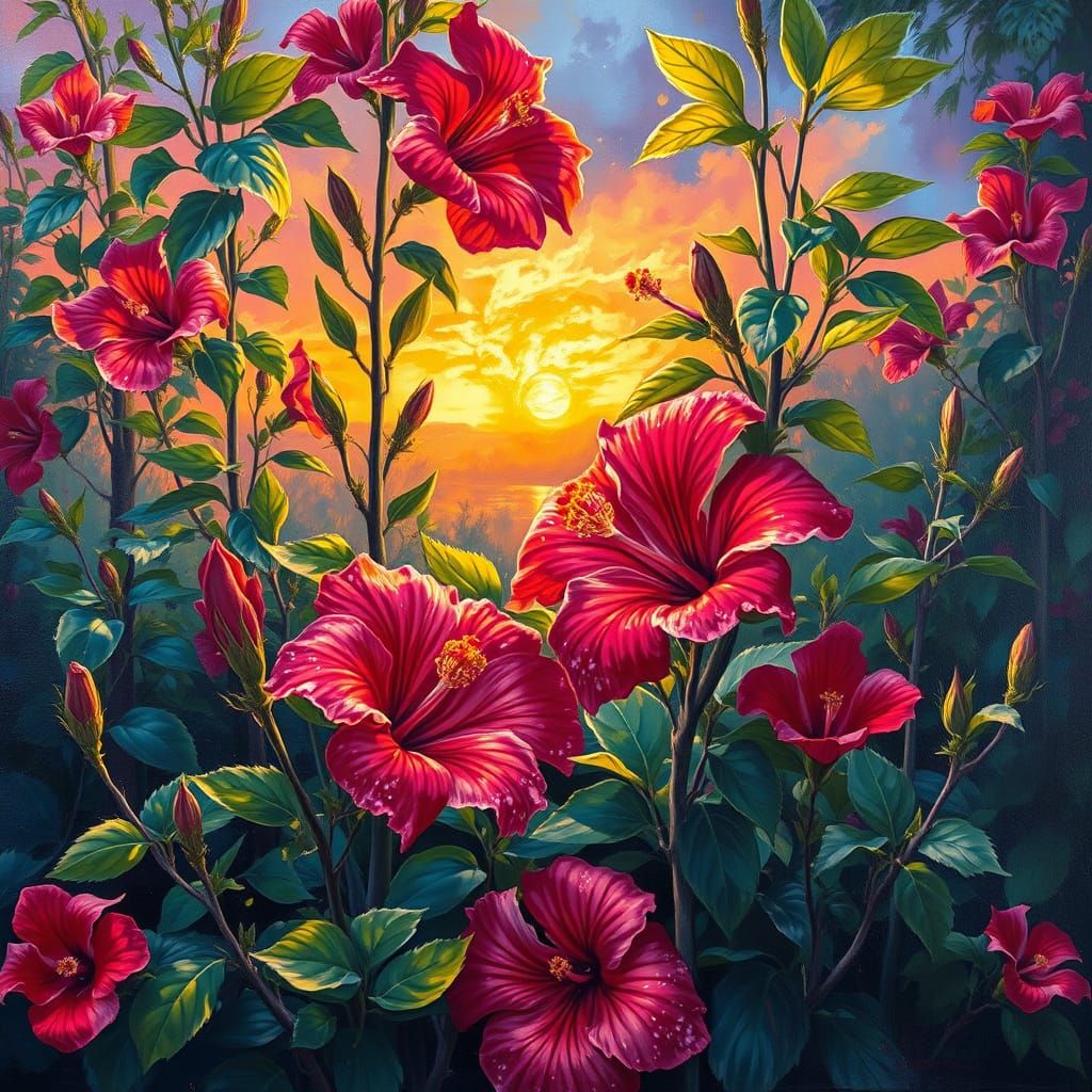 Lush Landscape with Bioluminescent Hibiscus, Impasto Oil Pai...