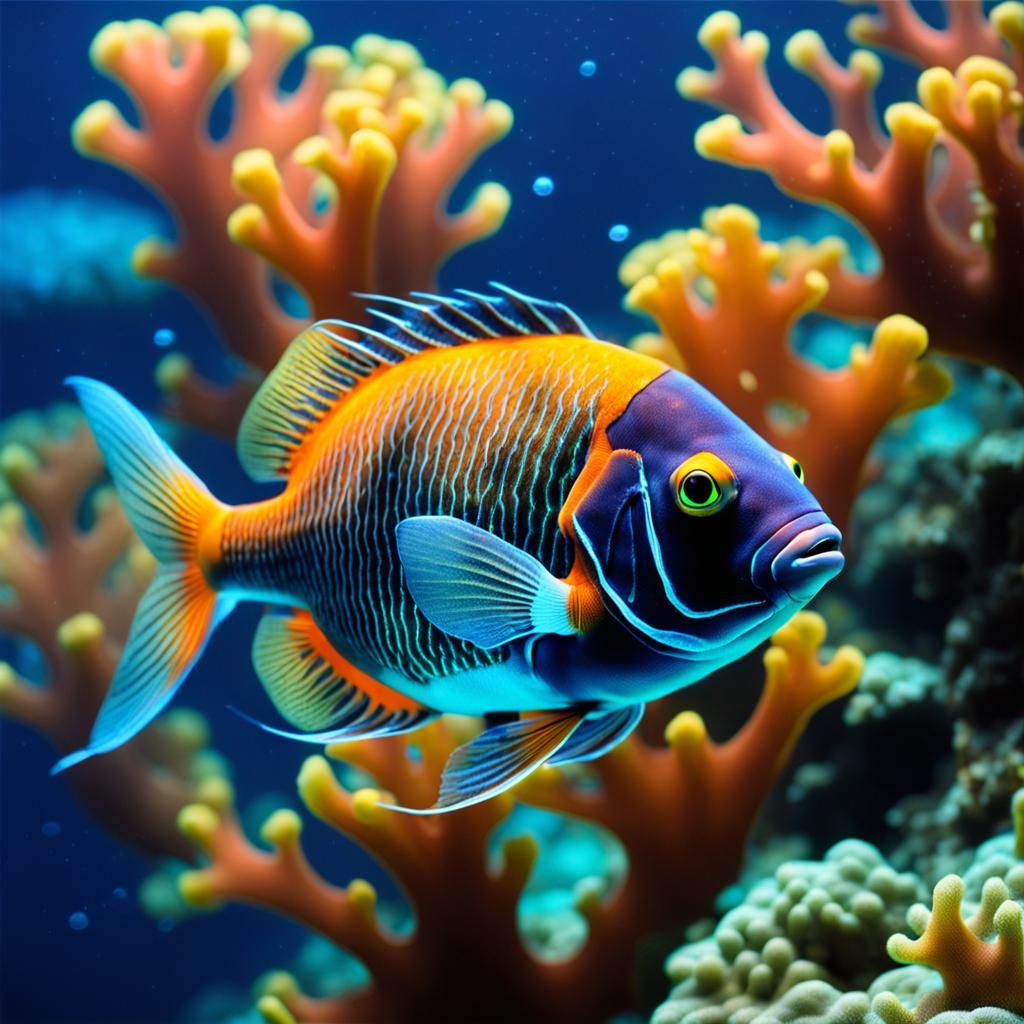 A beautiful fish with a transparent body and bioluminescent ...