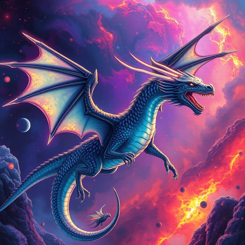 Cosmic Dragon Holographic Illustration in Mixed Media