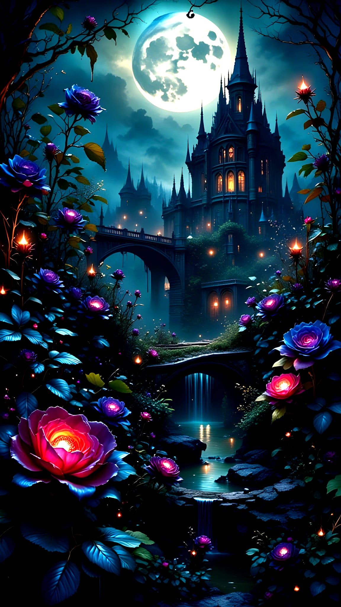 Gothic Garden of Black Roses Under Moonlight