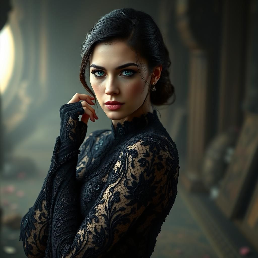 Gal Gadot in Black Lace Gown, Hyperrealistic Digital Art