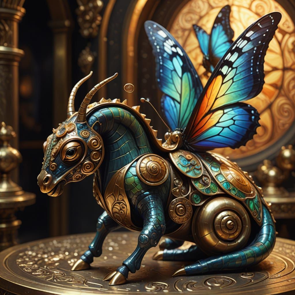 Bronze Table Beast with Iridescent Wings and Swirling Shell