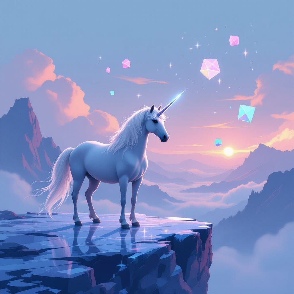 Majestic Unicorn on Crystalline Plateau in Anime Style