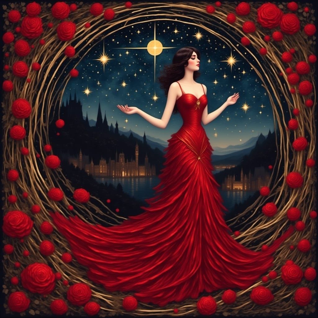Regal Red Fairy Woman in Art Nouveau Style