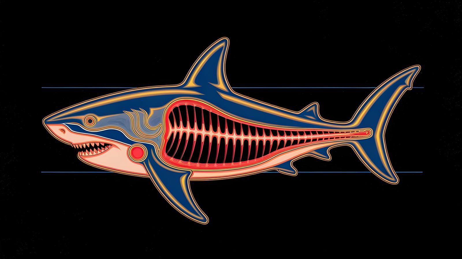 Surreal Neon Schematic of a Great White Shark's Anatomical D...