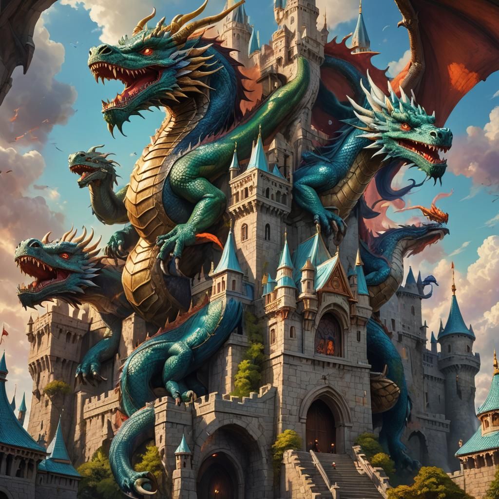 Seven-Headed Dragon Defends Castle in Splash Art