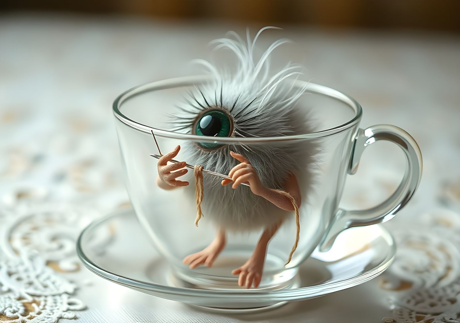 Knitting Eyeball Monster in Teacup, Surreal Art