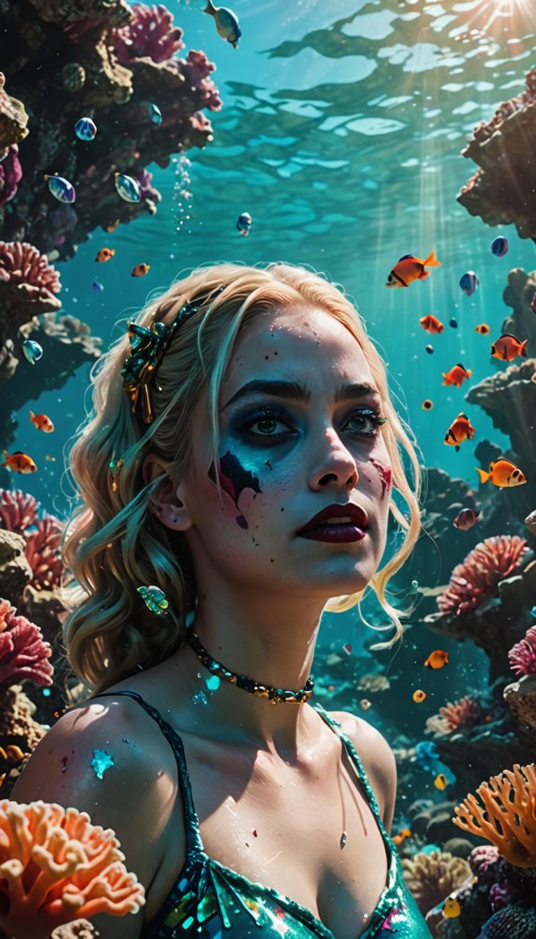 Harley Quinn Swims a Vibrant Coral Reef