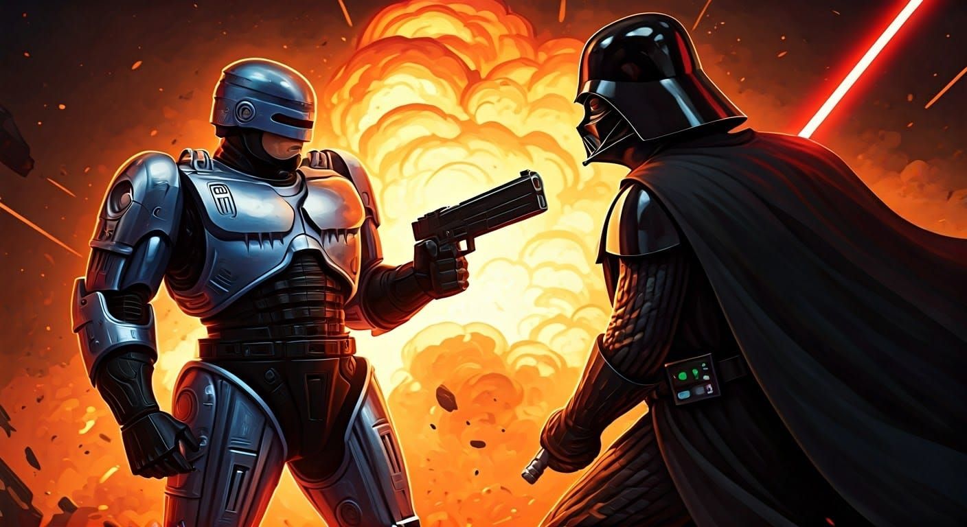 Robocop Battles Darth Vader in a Neon-Lit, Comic Book-Inspir...