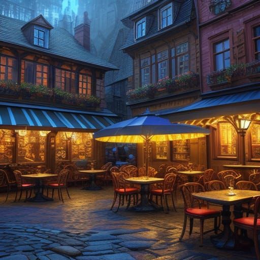 Enchanted Café on Cobblestone Street, Vibrant Splash Art